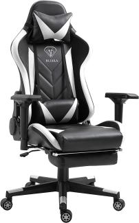 Gaming Stuhl mit Fußstütze und ergonomsichen 4D-Armlehnen gaming chair in ergonomischer Sportsitz Optik Gamer Stuhl mit verstellbaren Rückenstützkissen Bürostuhl Schwarz/Weiß