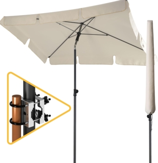 Menz Sonnenschirm Balkon als Sonnenschutz Balkon 3-IN-1 SET - UPF 50+ Sonnenschirm rechteckig 200x125 cm in Beige + Sonnenschirmhalter Balkongeländer + Sonnenschirmhülle