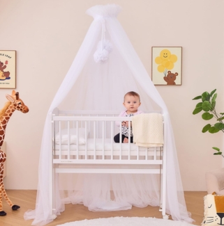 Alavya Home® Beistellbett LEROY 2 in1 Babybett Unser TOPSELLER, 6-tlg, SET Betthimmel mit 2 Bommeln + Matratze + Himmelstange aus Buchenholz