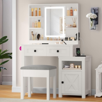 DWVO Schminktisch mit Hocker und Seitenkommode,Frisiertisch mit verstellbaren LED-Beleuchtung und Steckdosen, Schminktisch mit Spiegel und Lichtern,für das Schlafzimmer