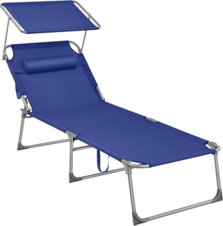 SONGMICS Große Sonnenliege, klappbarer Liegestuhl, 71 x 200 x 38 cm, Belastbarkeit 150 kg, mit Sonnenschutz, Kopfstütze und Verstellbarer Rückenlehne, für Garten Pool Terrasse, dunkelblau GCB22BUV2