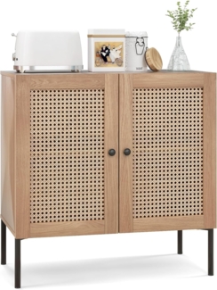FANTASK Sideboard mit 2 Rattantüren, Küchenschrank aus Holz in Eiche, Buffetschrank Kommode industriell für Küche, Küchenschrank mit Arbeitsplatte & verstellbaren Regalen, Esszimmer, 80 x 40 x 80 cm