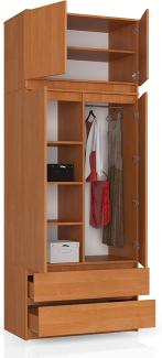 BDW Kleiderschrank 4 Türen, 4 Einlegeböden, Kleiderbügel, 2 Schubladen Kleiderschrank für das Schlafzimmer Wohnzimmer Diele 234 x 90 x 51 cm (Erle)