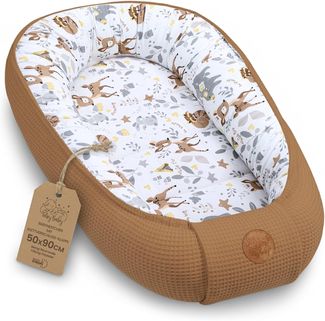 Babynest Neugeborene Nestchen Baby 90x50 cm - Kokon Handmade zweiseitig aus Baumwolle Waffel mit Babynestchen Hirsch Braun
