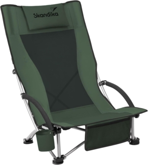 Skandika Strand Klappstuhl Beach | Bequemer Strandstuhl mit atmungsaktivem Mesh, Getränkehalter, niedrig, leicht zu transportieren, max. 136 kg | Faltbarer Campingstuhl, Liegestuhl (schwarz/grün)