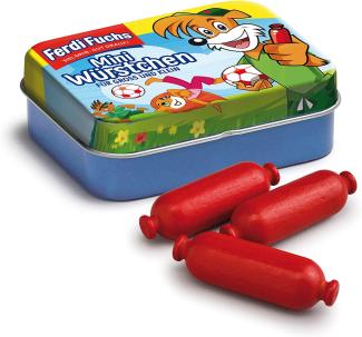 Erzi 15170 Ferdi Fuchs Miniwürstchen aus Holz in der Dose, Kaufladenartikel für Kinder, Rollenspiele