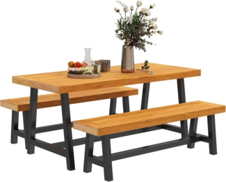 Outsunny Garten-Essgruppe im Lamellendesign, 2 Bänke, Holztisch, (Holz Essgruppe für 4 Personen, 3-tlg, 3-teilig Sitzgruppe), für Terrasse, Balkon, Teak