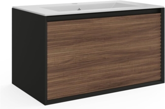 Vente-unique - Waschbeckenunterschrank hängend mit Einbauwaschbecken - Streifenoptik - Holzfarben dunkel & Schwarz - 80 cm - BANIVA