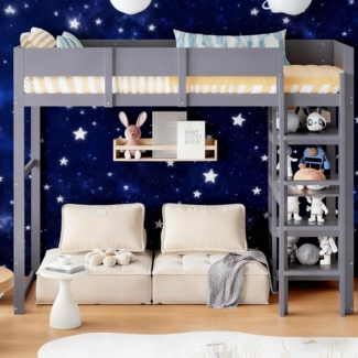 Ball & Cast Loft Bed (90x200 cm) mit Lagerregal, Holzerner Bettgestell mit Leiter und Geländer, Einfach und Zeitsparend Montierbar, Stabil & Rauschlos, Grau