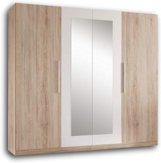 Stella Trading MARTINA Schlichter Kleiderschrank 4-türig - Vielseitiger Drehtürenschrank mit zwei Spiegeltüren in Eiche San Remo Optik, weiß - 228 x 213 x 59 cm (B/H/T)