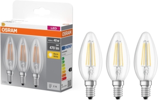 Osram LED Base Classic B Lampe, in Kerzenform mit E14-Sockel, nicht dimmbar, Ersetzt 40 Watt, Filementstil Klar, Warmweiß - 2700 Kelvin, 3 Stück (1er Pack)