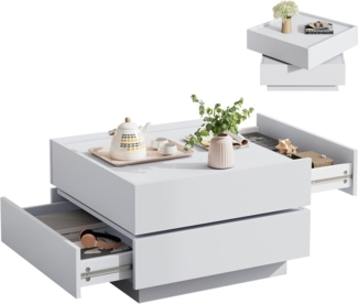 SeedWave Couchtisch Sofatisch, 360° Drehbare Ober-Tischplatte, 2 Grifflosen Schubladen, Erhöhte Seitenböden rund um Arbeitsplatte, Ohne Füße zum Stabilität
