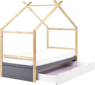 Kinder-Hausbett mit Stauraum Kiefernholz grau Lattenrost 90 x 200 cm ORGEVAL