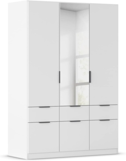 Rauch Möbel Dundee, Kleiderschrank, Schrank, Garderobe, Organizer, 3-türig, mit Spiegel, 6 Schubladen für mehr Stauraum, Farbe Weiß, Kurze Griffleiste Grau metallic, 136 x 197 x 54 cm