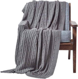 Plaid Baumwolldecke mit Zopfmuster, grau, 130x170 cm, Homescapes