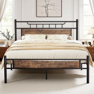 VECELO Bettgestell 140x200 cm, Metallbett mit Dick Holzkopfteil und Lattenrost, Doppelbett mit Stauraum unter dem Bett, perfekt für Schlafzimmer, Braun
