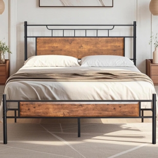 VECELO Bettgestell 140x200 cm, Metallbett mit Dick Holzkopfteil und Lattenrost, Doppelbett mit Stauraum unter dem Bett, perfekt für Schlafzimmer, Braun