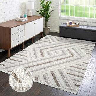 carpet city Teppich Kurzflor Wohnzimmer - Creme, Beige - 160x230 cm - Teppiche Fransen Boho-Style - Geo-Muster - Schlafzimmer, Esszimmer