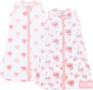 Baby Schlafsack 1.0 TOG, Bio-Baumwolle Baby tragbare Decke mit Zwei-Wege-Reißverschluss, Swaddle Transition, All-Season Schlafsack für Neugeborene Kleinkind Kleinkind Junge Mädchen, 2-Pack, 0-6 Monat