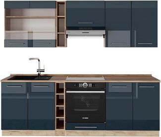 Küchenzeile Fame-Line Dunkelblau Hochglanz/Goldkraft Eiche 235 cm , AP Eiche Vicco