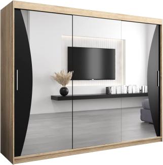 Kryspol Schwebetürenschrank Monaco 250 cm mit Spiegel Kleiderschrank mit Kleiderstange und Einlegeboden Schlafzimmer- Wohnzimmerschrank Schiebetüren Modern Design (Sonoma + Schwarz)