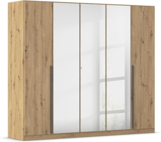 rauch Kleiderschrank Alba, Drehtürenschrank, Garderobenschrank, 5-türig, mit Spiegel, 3 Kleiderstangen und 3 Einlegeböden, Farbe Eiche Artisan, Holz, Griffstange Grau metallic, Schwarz, 226x197x54cm