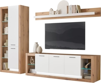 Wohnwand Rivian in weiß matt und Eiche 3-teilig 298 cm