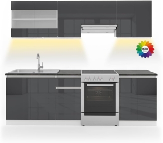 Vicco Küchenzeile Raul, Anthrazit/Weiß, 240 cm, AP Schwarz mit LED-Leisten