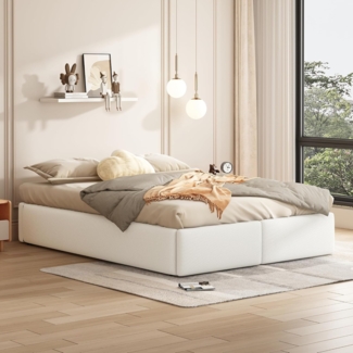 SOFTWEARY Futonbett mit Bettkasten, Lattenrost und Schubladen (140x200 cm), Bezug aus Leinen
