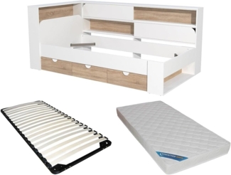 Vente-unique - Bett 90 x 190 cm mit Stauraum - Farbe: Weiß und natürlich + Lattenrost + Matratze - TAMADU