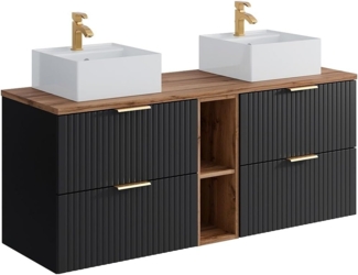 Vente-unique - Waschbeckenunterschrank hängend mit Ablagen & Doppelaufsatzwaschbecken quadratisch - Streifenoptik - Schwarz & Holzfarben hell - 140 cm - ZEVARA