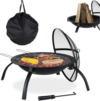 Relaxdays XL Feuerschale, mit Tasche, Grill Rost, Schürhaken, Funkenschutz Deckel, Garten, Terrasse, D 56,5 cm, schwarz