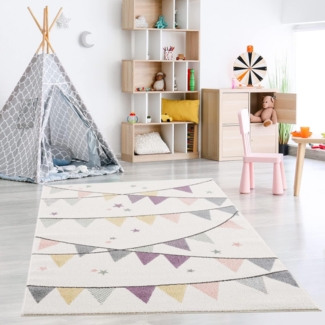 Teppich Kinderzimmer - Pastelfarben - Creme - 80x150 cm – Wimpel Girlande - Sterne Kurzflor Kinderteppich Spielteppich – Oeko-Tex Standard 100