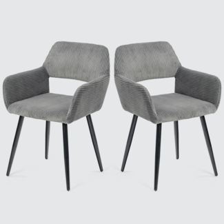 MEUBLE COSY Esszimmerstuhl 2er Set Küchenstuhl Polsterstuhl Wohnzimmerstuhl Sessel mit Armlehne, Sitzfläche aus Cordstoff, Metallbeine, Grau