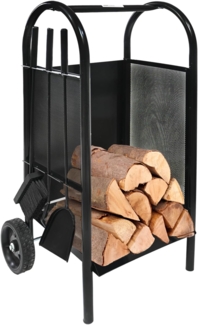 Kaminholzwagen mit Kaminbesteck 3-teilig Schaufel, Besen, Schürhaken, Kaminwagen
