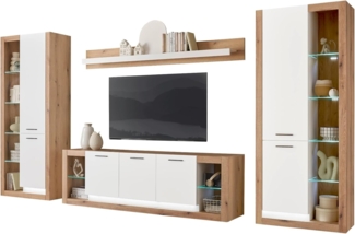 Wohnwand Rivian in weiß matt und Eiche 4-teilig 398 cm