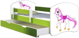 ACMA Kinderbett Jugendbett mit Einer Schublade und Matratze Grün mit Rausfallschutz Lattenrost II 140x70 160x80 180x80 (43 Kleines Pferd, 180x80 + Bettkasten)