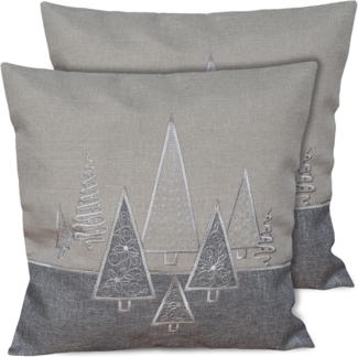 matches21 HOME & HOBBY Kissenbezüge 2er Set Kissenhüllen 40x40 cm grau mit Tannenbaum als Weihnachts-Deko, (2 Stück), Zierkissen-Bezüge für Sofa-Kissen, Couch-Kissen