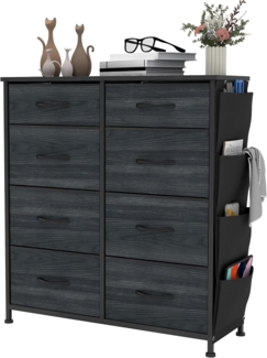 YITAHOME Kommode,Kommode mit 8 Schubladen,Schrank mit Haken und Seitentaschen,Stoffschubladen mit Griffen,Metallgestell,Dauerhaft,Schwarze Holzmaserung