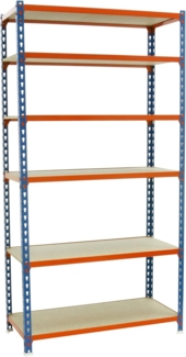 Simonrack Schwerlastregal, Lagerregal, 250 x 80 x 30 cm, Metallregal, Kellerregal, Biegestelle 150 kg, 6 Holzfachböden, Blau/Orange/Holz - Maderclick