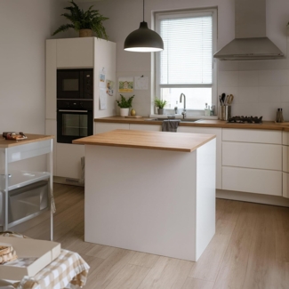 Dmora - Kücheninsel Emmanuel, Mehrzweckschrank, Küchenzeile Schrank, Zusätzlicher Tisch, 100% Made in Italy, 125 x 90 x 90 cm, glänzendes Weiß und Eiche