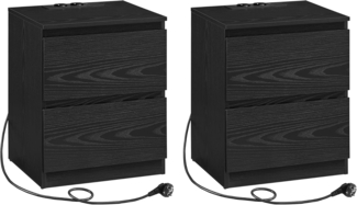 VASAGLE Nachttisch mit Steckdosenleiste, 2er Set, Beistelltisch, 2 Schubladen, 2 AC-Steckdosen, 2 USB-A-Anschlüsse, Wohnzimmer Schlafzimmer, modern, ebenholzschwarz LET821B02