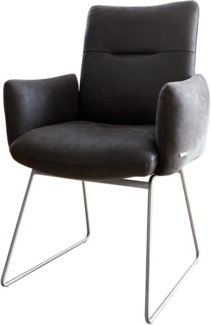 Esszimmerstuhl Jova-Flex mit Armlehnen Mikrofaser Anthrazit Vintage Kufengestell Edelstahl Taschenfederkern