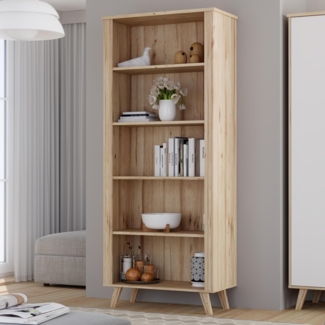 Forte VANKKA Regal 85, Regal mit 4 Einlegeböden und erhöhten Möbelbeinen, Holzwerkstoff, Planked Eiche Dekor/Weiß, 84,7 cm breit, 201,5 cm hoch, 42 cm tief