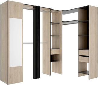 Vente-unique - Eckkleiderschrank mit Vorhang & 1 Tür - Mit Spiegel - 231 cm - Holzfarben & Anthrazit - BERTRAND