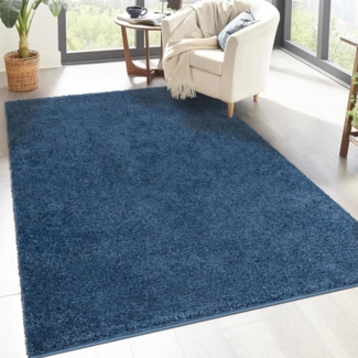 carpet city Shaggy Hochflor Teppich - 150x150 cm Quadratisch - Blau - Langflor Wohnzimmerteppich - Einfarbig Uni Modern - Flauschig-Weiche Teppiche Schlafzimmer Deko