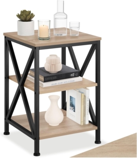 tectake 800940 Beistelltisch aus Holz und Metall, Nachttisch mit 3 Ebenen, X-förmige Streben, Industrie-Design, Vintage Couchtisch, schwarzes Metallgestell (Hellbraun | Nr. 404264)