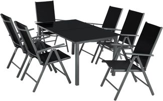 tectake® Sitzgarnitur Aluminium Klappstühle, Lounge Set mit 6X Stühle und 1x Glastisch Esstisch, Gartenmöbel Set wetterfest für den Balkon, Gartenstühle, Terrassenmöbel, Liegestuhl - anthrazit