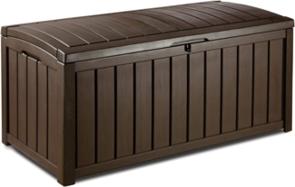 Keter Glenwood Kissenbox, Auflagenbox, 390 Liter Volumen, Wasserdicht, Braun, Holzoptik, Sitzbank für 2 Erwachsene,128 x 65 x 61 cm, Allzwecktruhe
