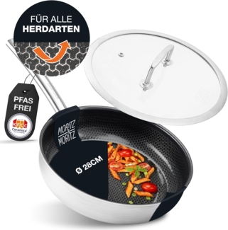 Moritz & Moritz Wok Pfanne mit Deckel 28cm gerader Rand, 304 Edelstahl (Bratpfanne & Deckel Set)